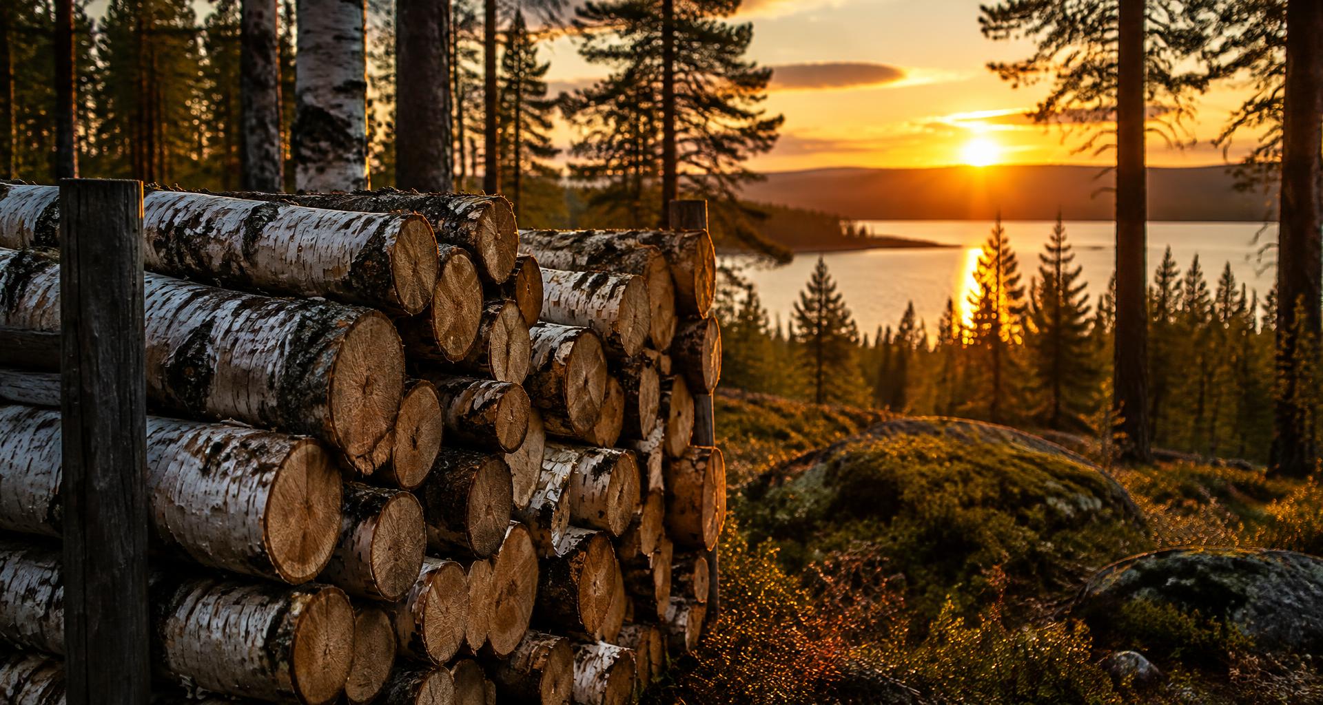Staplad björkved i solnedgång vid en sjö i Värmland